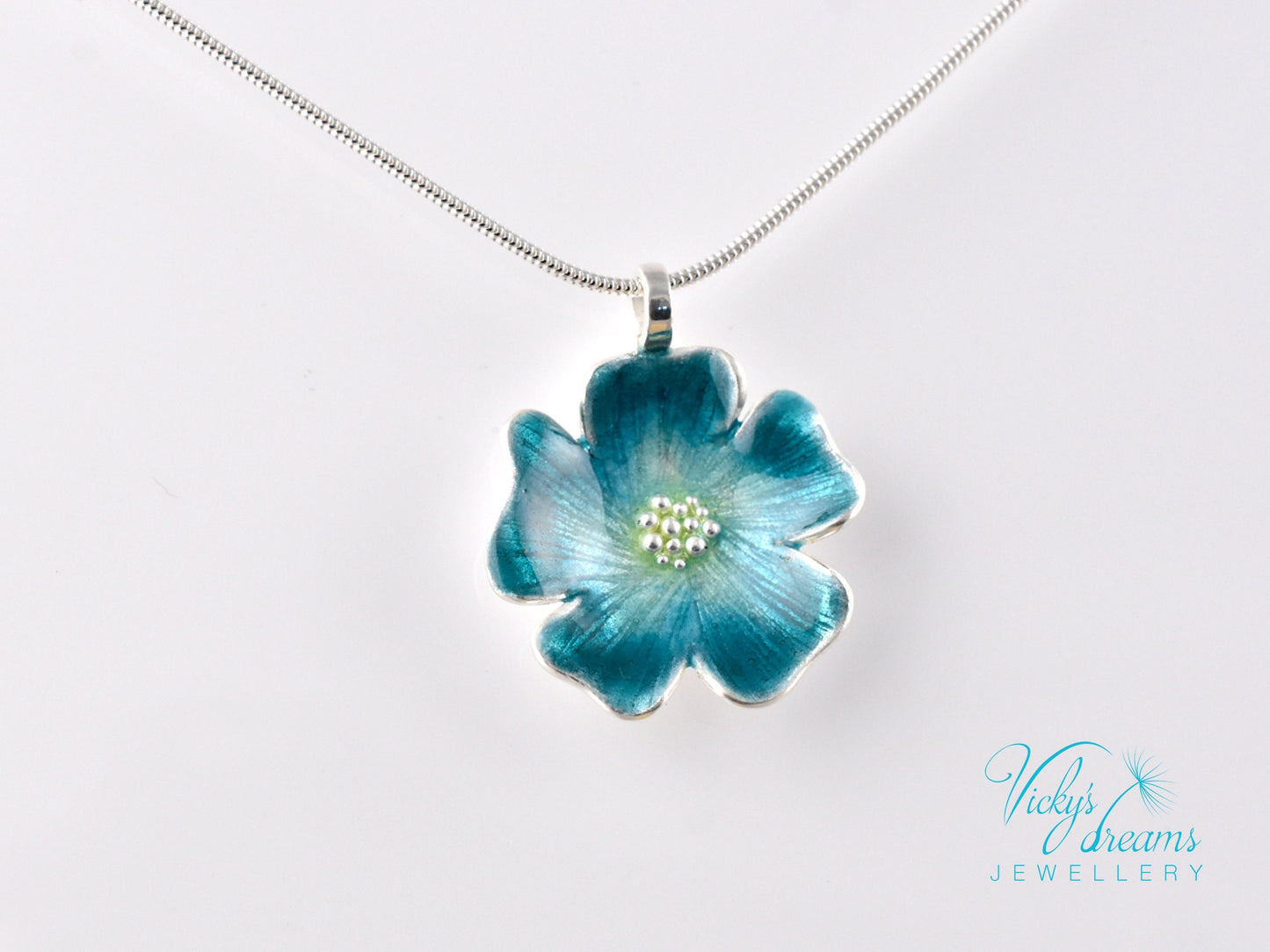 Vibrant Blue Flower Pendant in Sterling Silver with Handmade Enamel