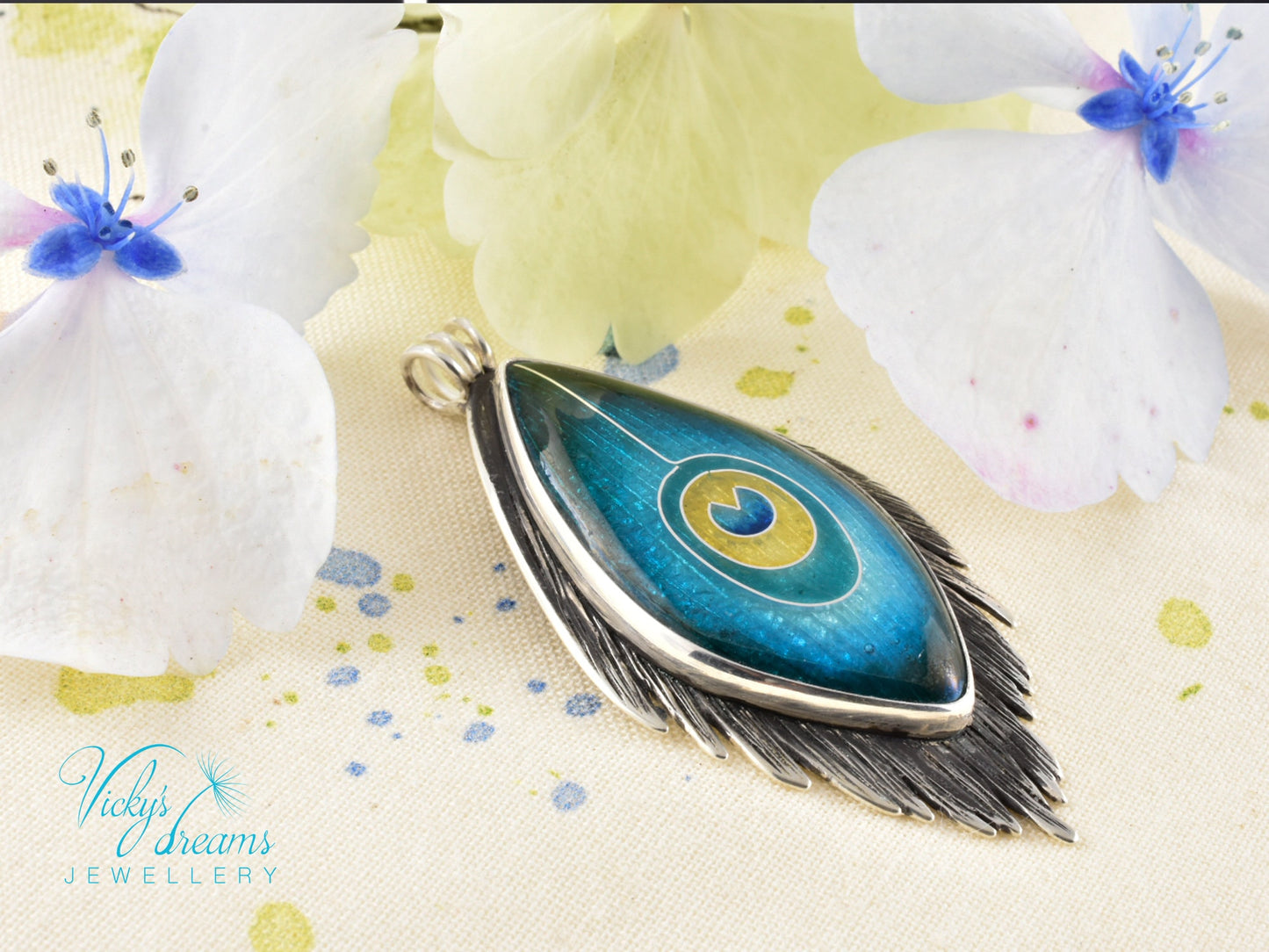 Vibrant Silver Cloisonne Enamel Pendant with Peacock Feather Design