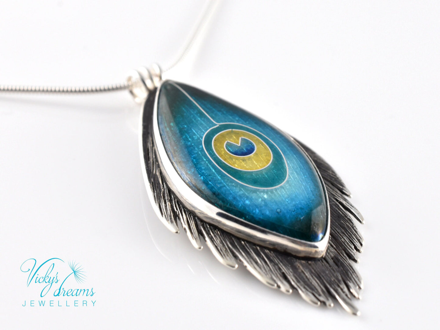 Vibrant Silver Cloisonne Enamel Pendant with Peacock Feather Design