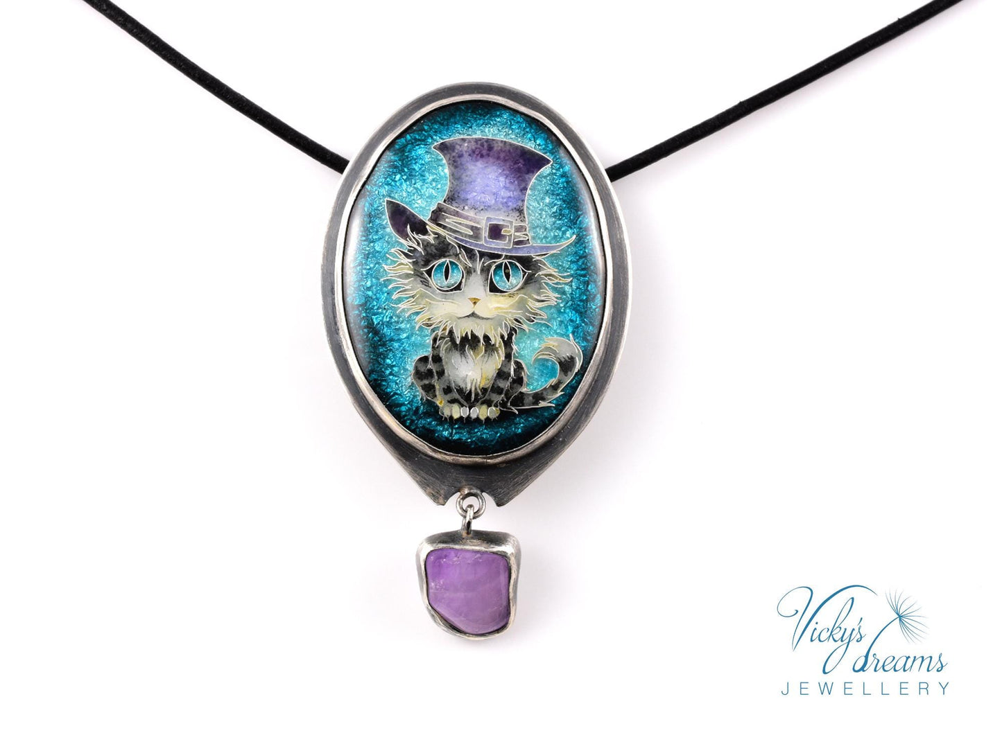 Sterling Silver Tabby Cat Pendant with Amethyst and Cloisonne Enamel