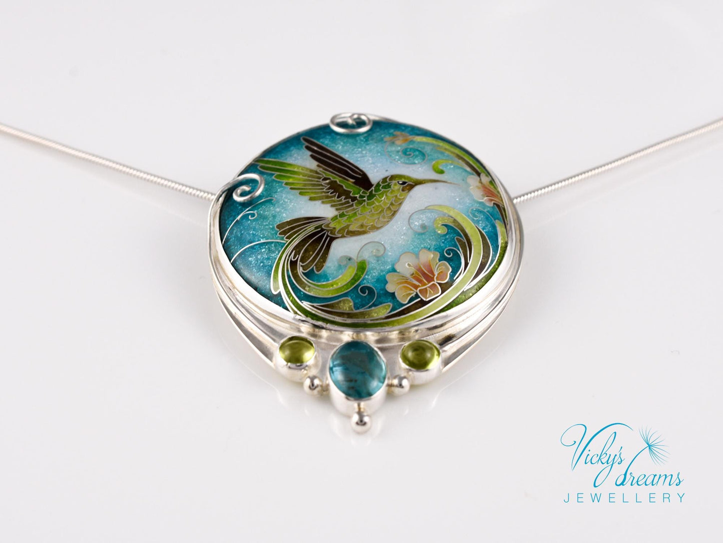 Hummingbird Cloisonne Enamel Pendant Silver Necklace Sterling Jewelry Handmade Unique