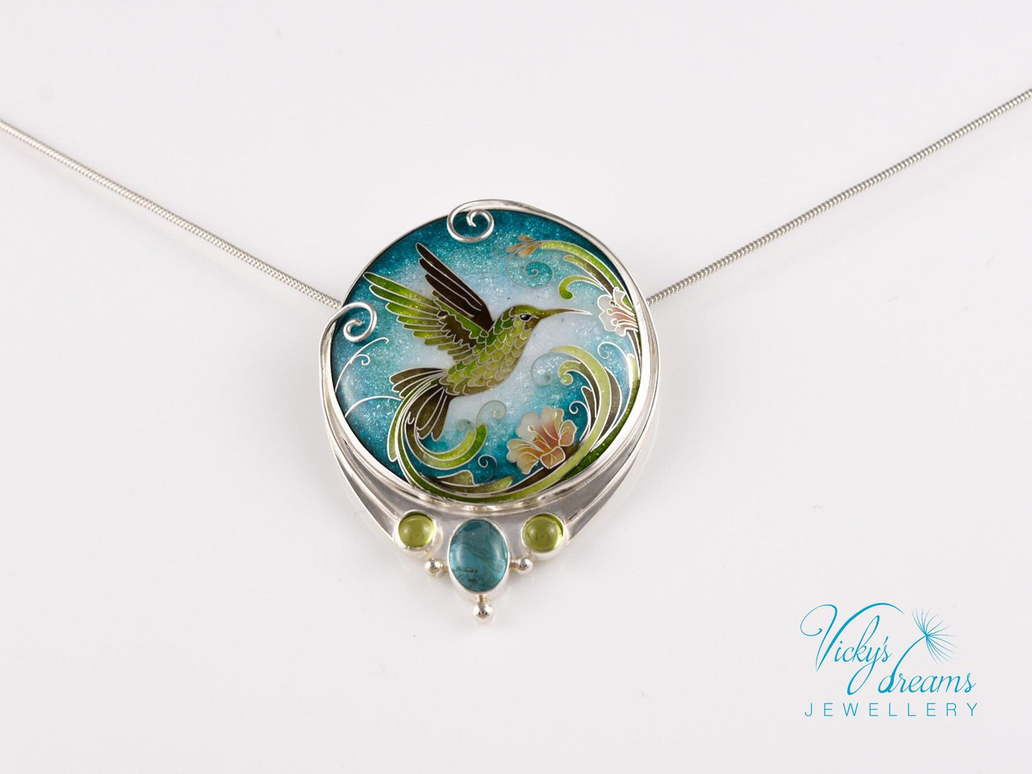Hummingbird Cloisonne Enamel Pendant Silver Necklace Sterling Jewelry Handmade Unique