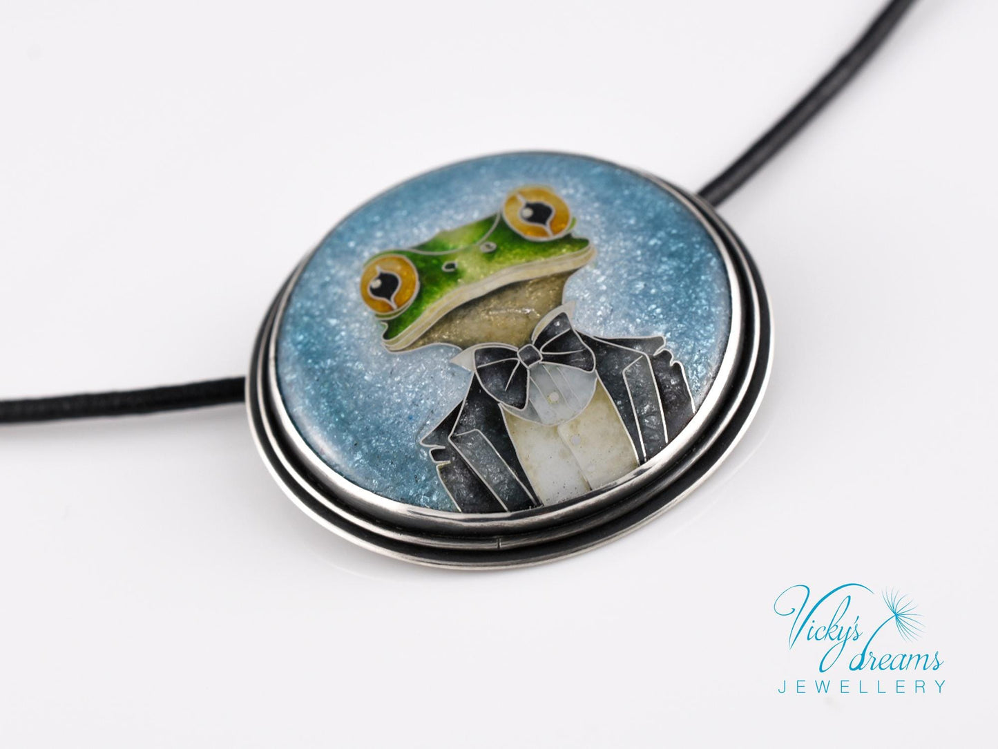 Unique Sterling Silver Mr. Frog Cloisonne Enamel Pendant Necklace Gift