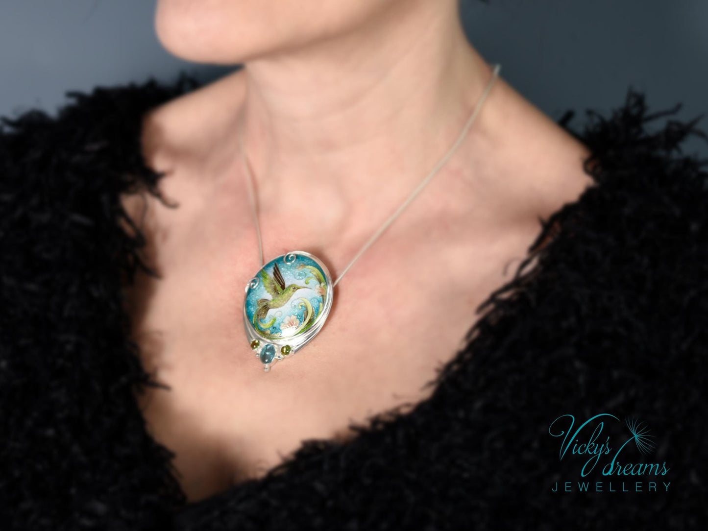 Hummingbird Cloisonne Enamel Pendant Silver Necklace Sterling Jewelry Handmade Unique