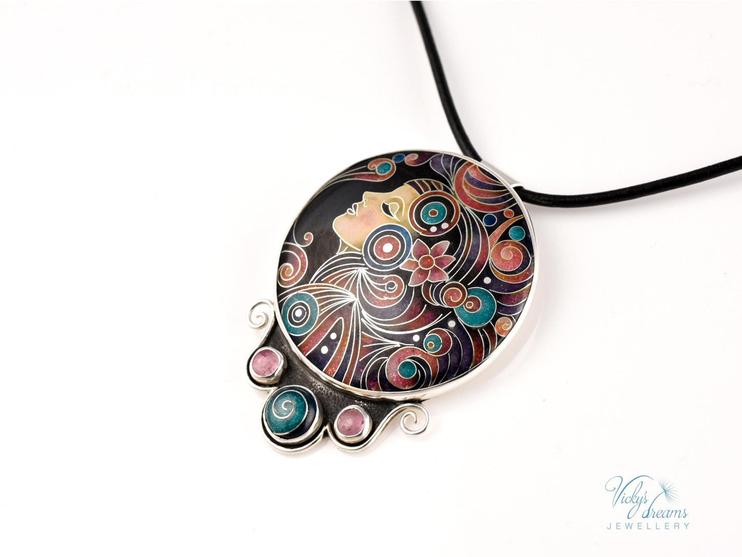 Artisan Cloisonné Necklace – Enamel & Tourmaline Pendant in Sterling Silver