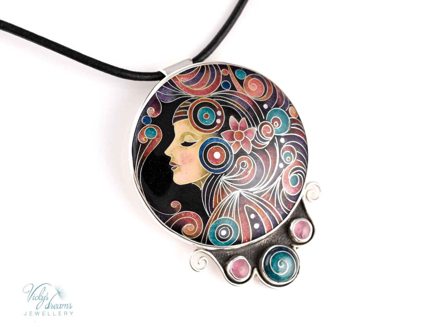 Artisan Cloisonné Necklace – Enamel & Tourmaline Pendant in Sterling Silver