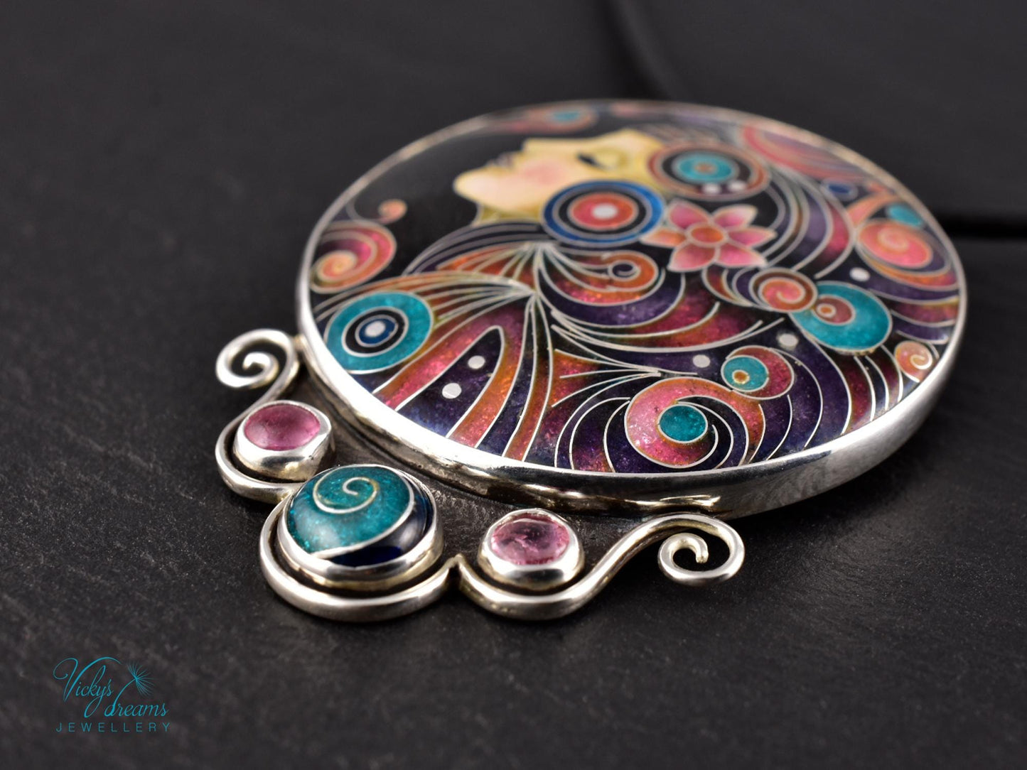 Artisan Cloisonné Necklace – Enamel & Tourmaline Pendant in Sterling Silver