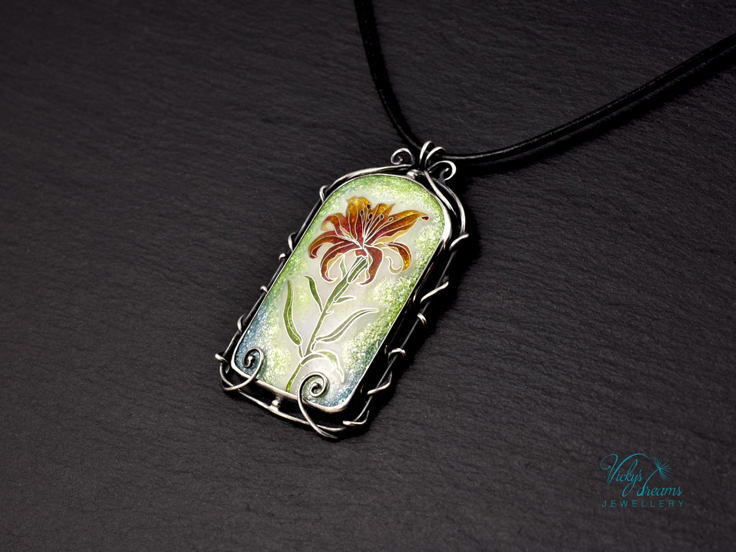 Elegant Fire Lily Enamel Pendant - Handcrafted Nature-Inspired Necklace for Botanical Enthusiasts