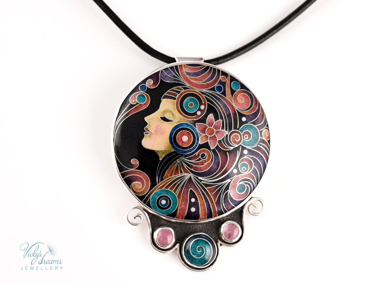 Artisan Cloisonné Necklace – Enamel & Tourmaline Pendant in Sterling Silver