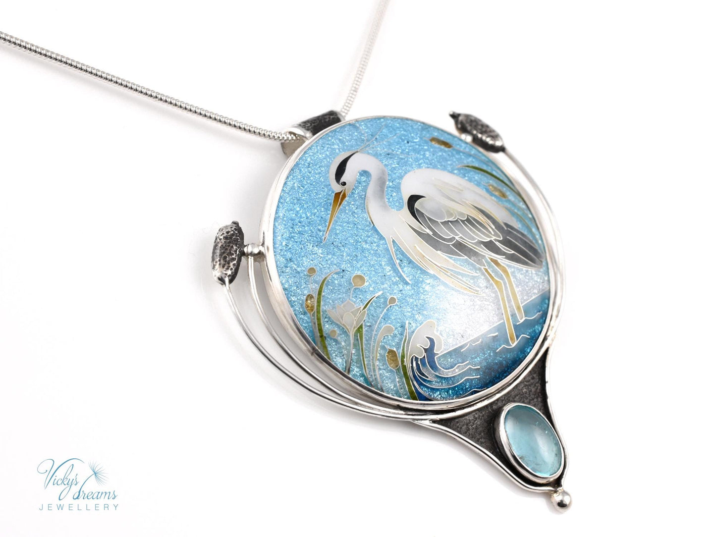 Handmade Cloisonné Enamel Necklace – Graceful Heron with Paraiba Apatite and Sterling Silver