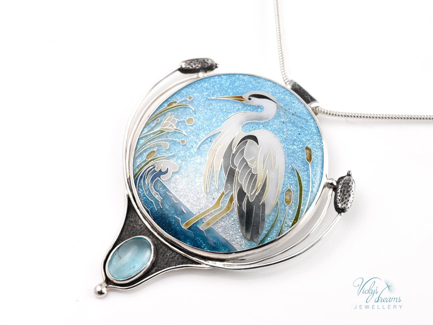 Handmade Cloisonné Enamel Necklace – Graceful Heron with Paraiba Apatite and Sterling Silver