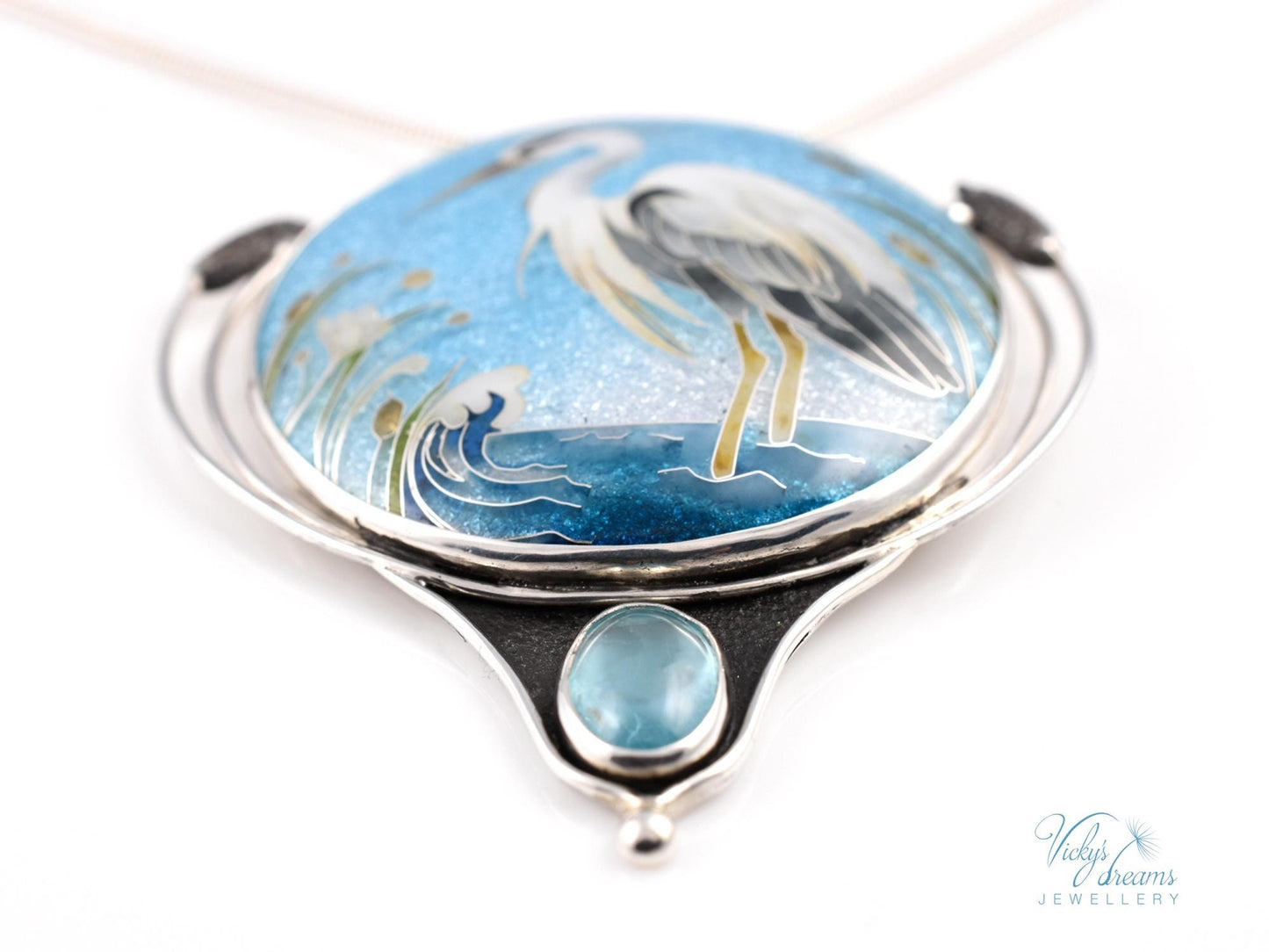 Handmade Cloisonné Enamel Necklace – Graceful Heron with Paraiba Apatite and Sterling Silver