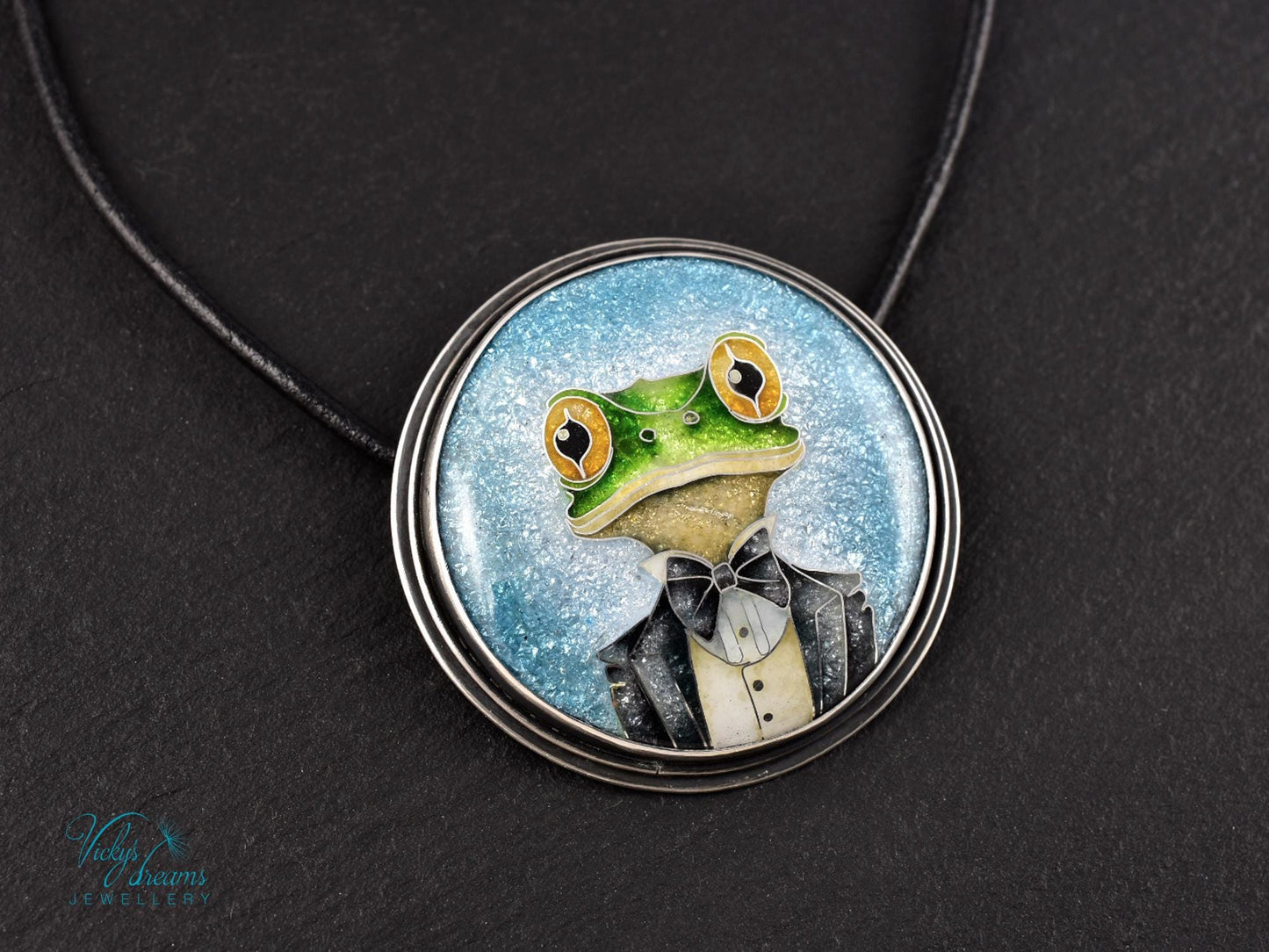 Unique Sterling Silver Mr. Frog Cloisonne Enamel Pendant Necklace Gift