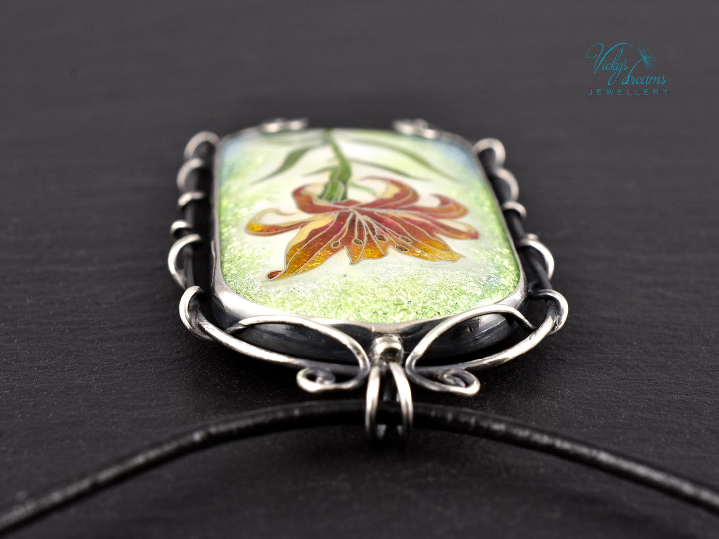 Elegant Fire Lily Enamel Pendant - Handcrafted Nature-Inspired Necklace for Botanical Enthusiasts