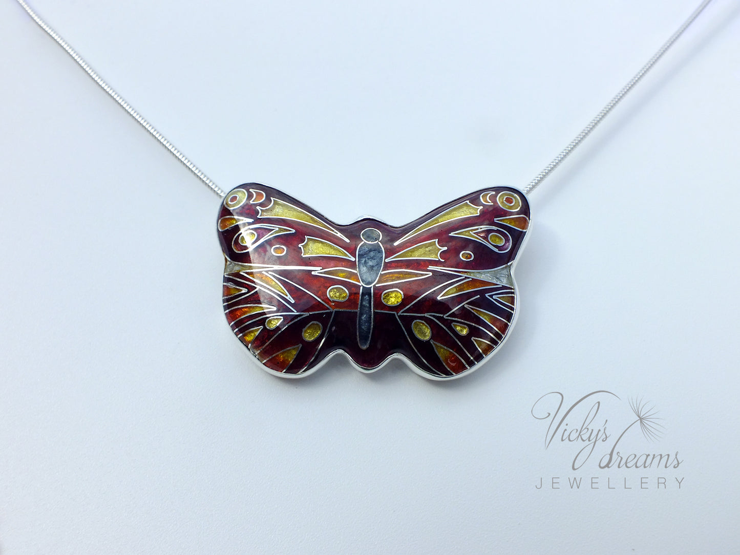 Red butterfly, sterling silver pendant, cloisonne enameled jewelry