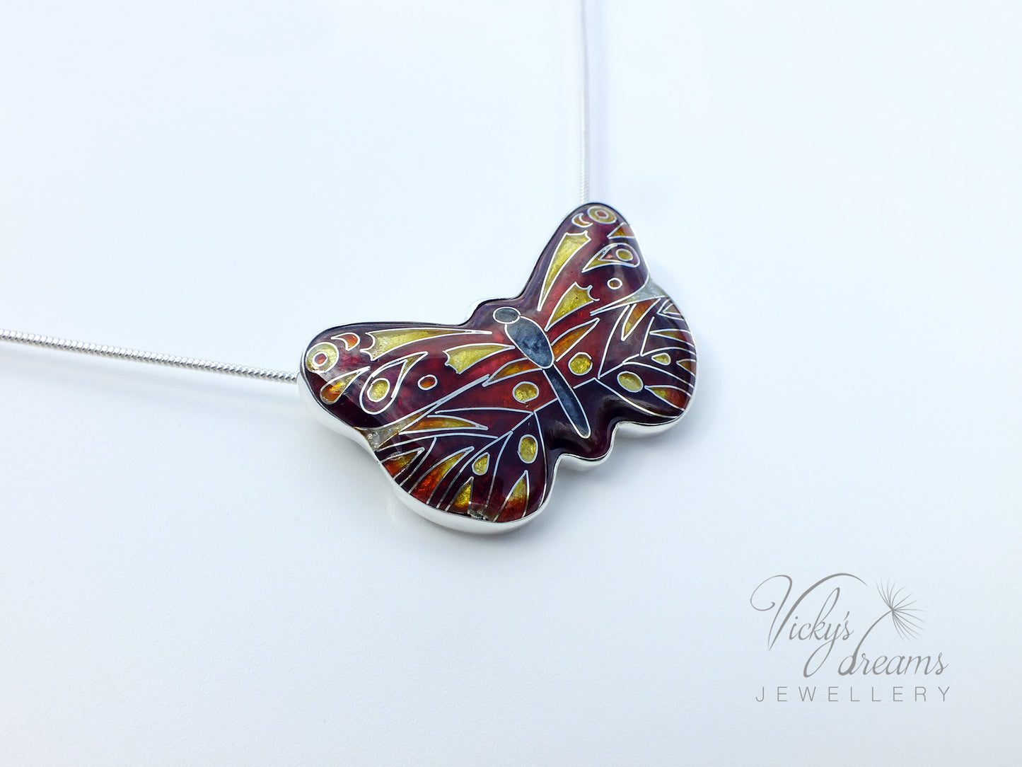 Red butterfly, sterling silver pendant, cloisonne enameled jewelry