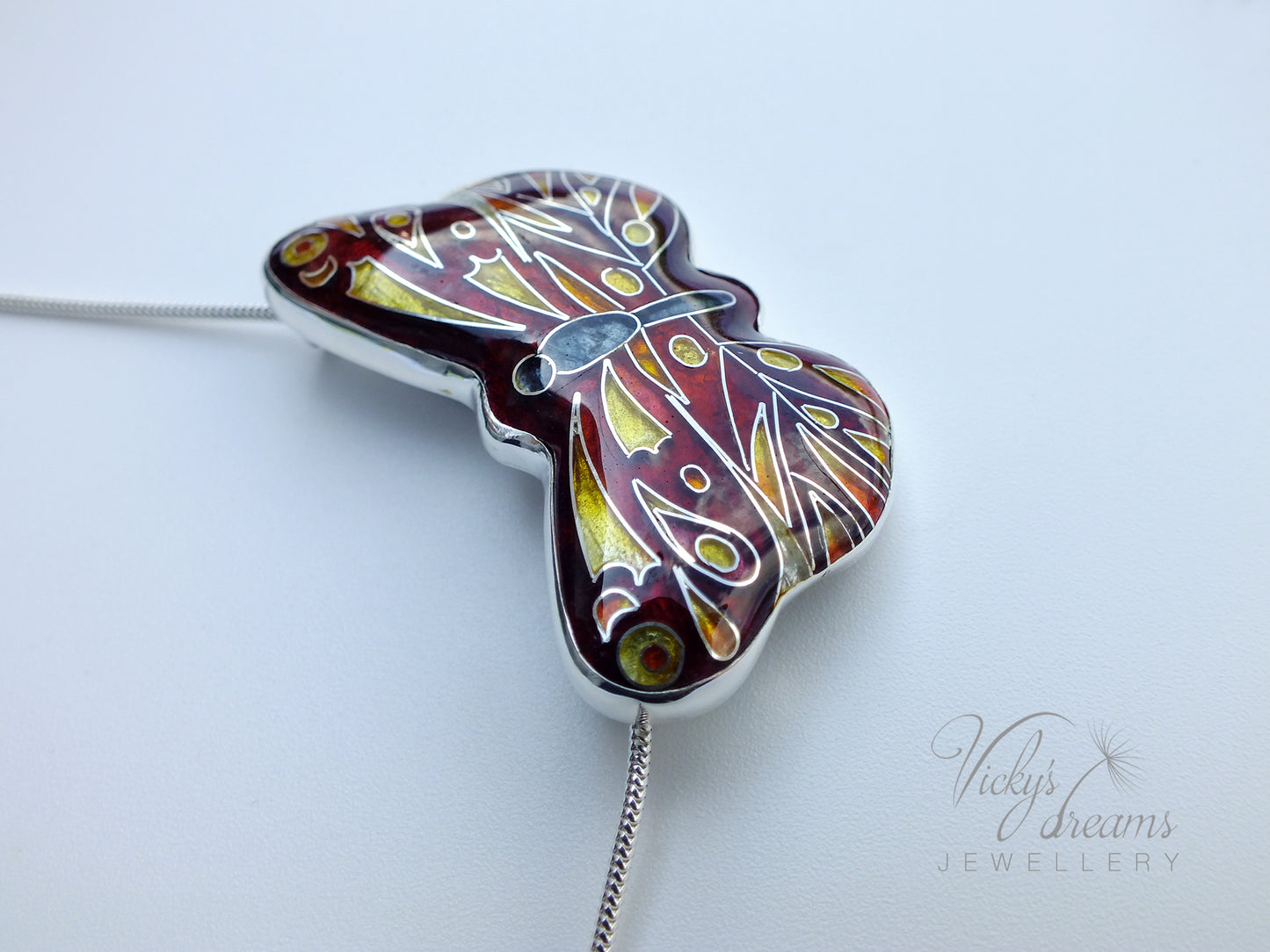 Red butterfly, sterling silver pendant, cloisonne enameled jewelry