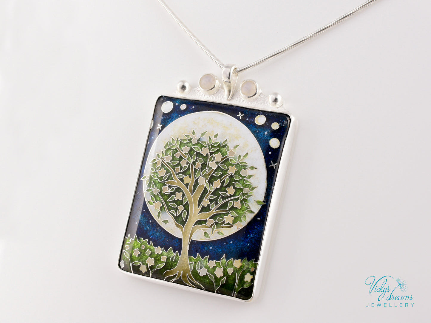 William Morris Inspired Virago Pendant necklace– Cloisonné Enamel, Polished Silver, Moon & Star Motif, Rainbow Moonstone, Handmade Jewelry