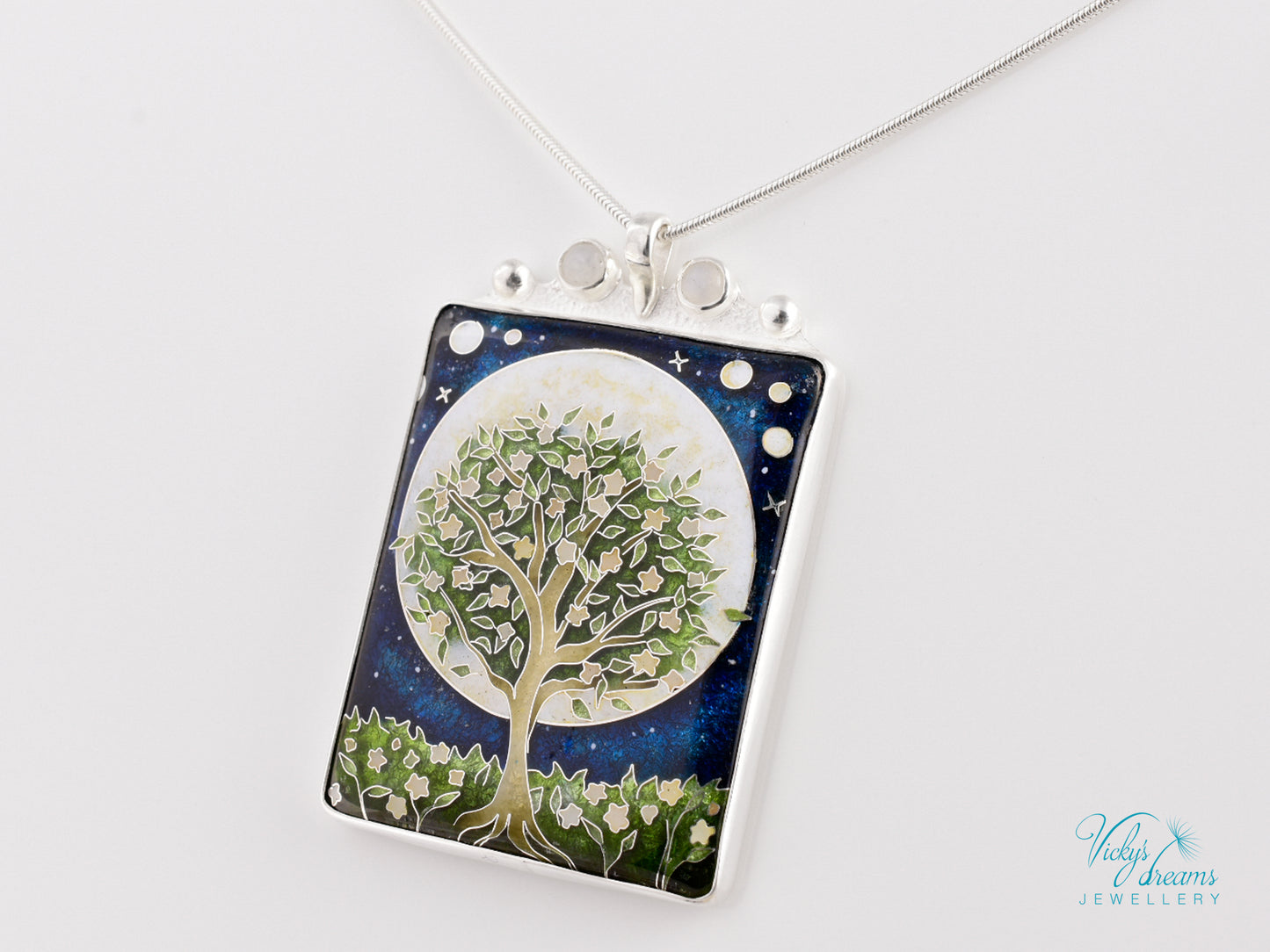 William Morris Inspired Virago Pendant necklace– Cloisonné Enamel, Polished Silver, Moon & Star Motif, Rainbow Moonstone, Handmade Jewelry