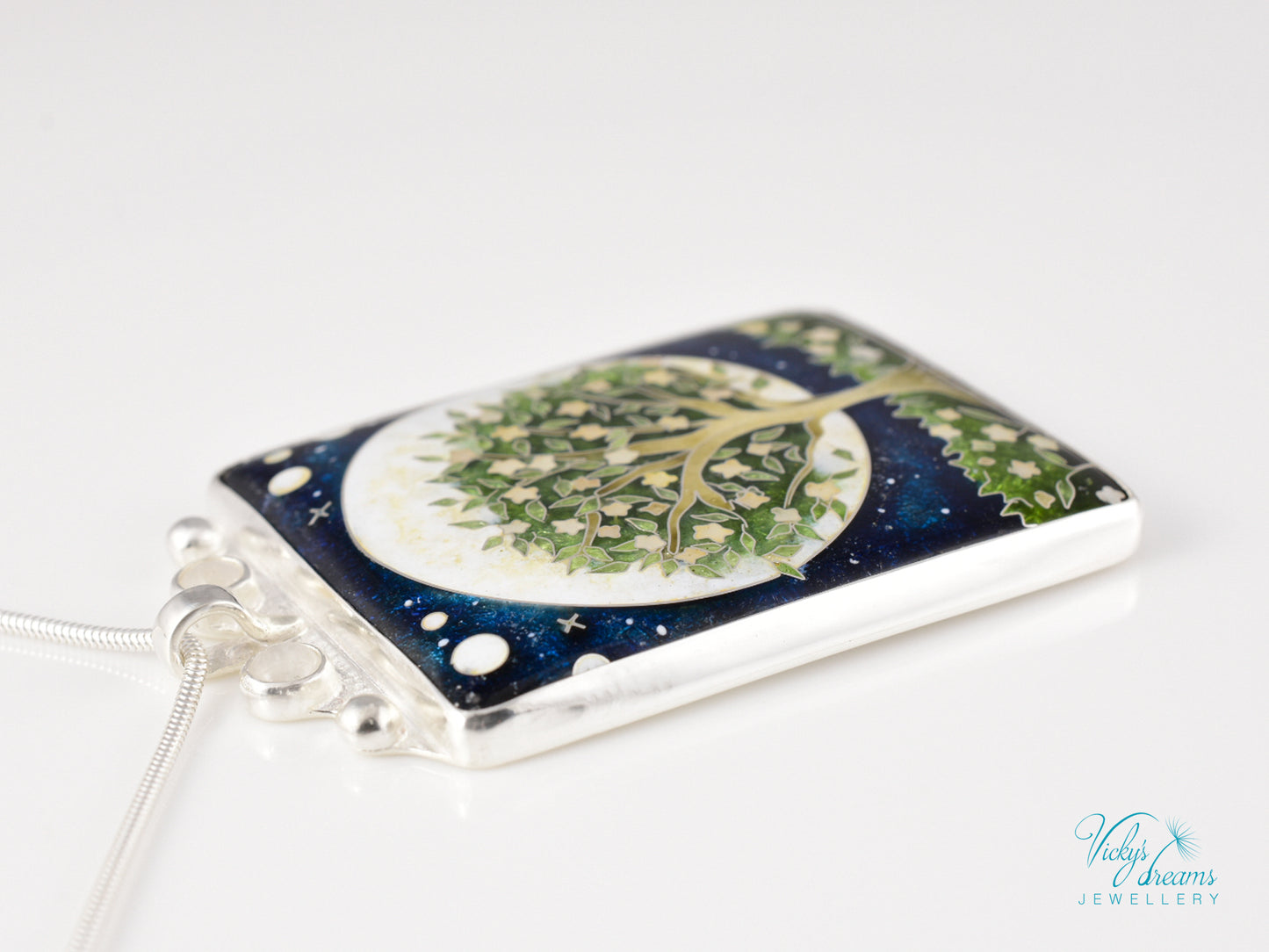 William Morris Inspired Virago Pendant necklace– Cloisonné Enamel, Polished Silver, Moon & Star Motif, Rainbow Moonstone, Handmade Jewelry