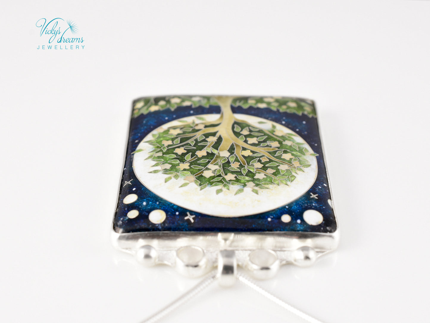 William Morris Inspired Virago Pendant necklace– Cloisonné Enamel, Polished Silver, Moon & Star Motif, Rainbow Moonstone, Handmade Jewelry