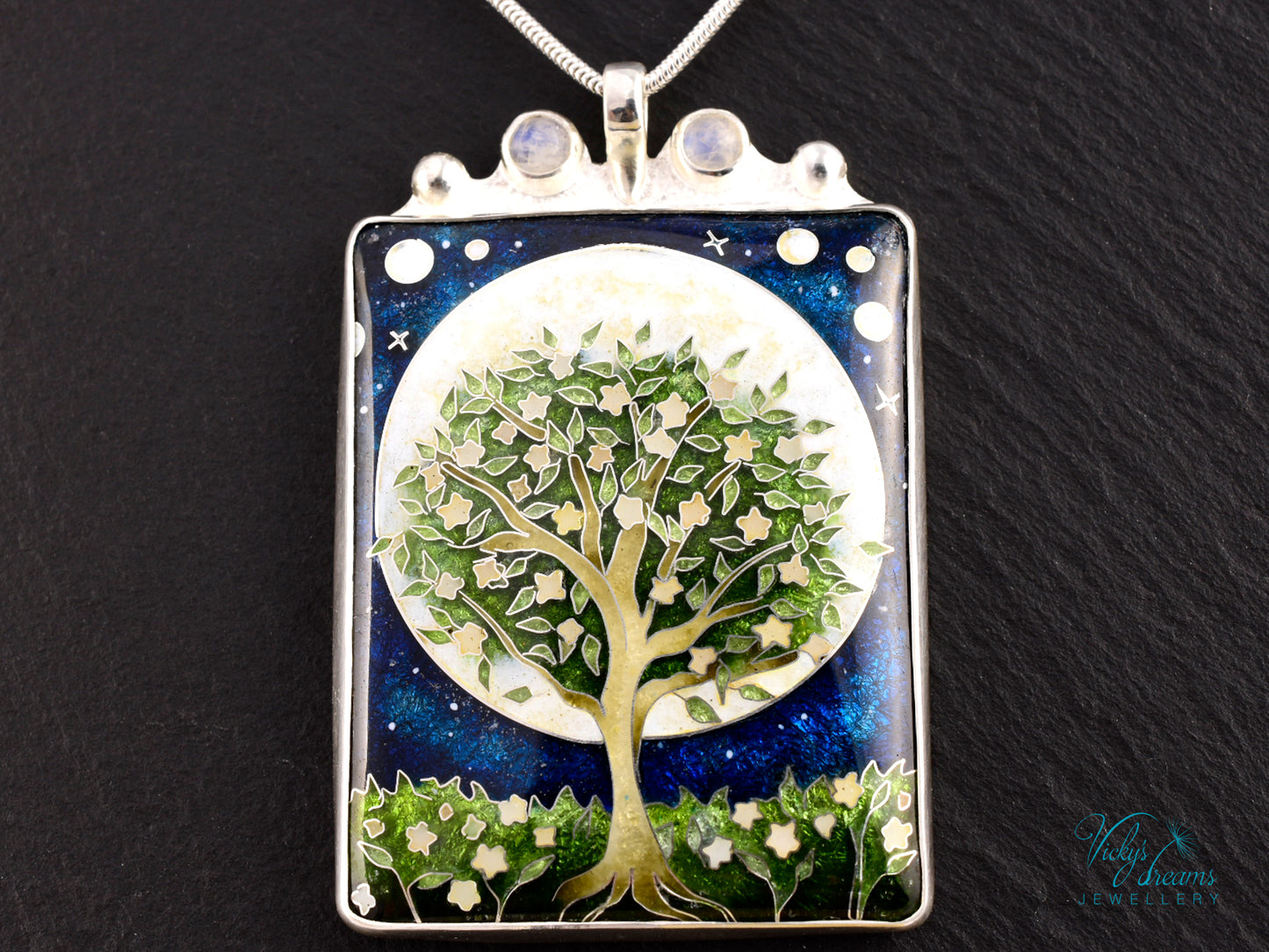 William Morris Inspired Virago Pendant necklace– Cloisonné Enamel, Polished Silver, Moon & Star Motif, Rainbow Moonstone, Handmade Jewelry
