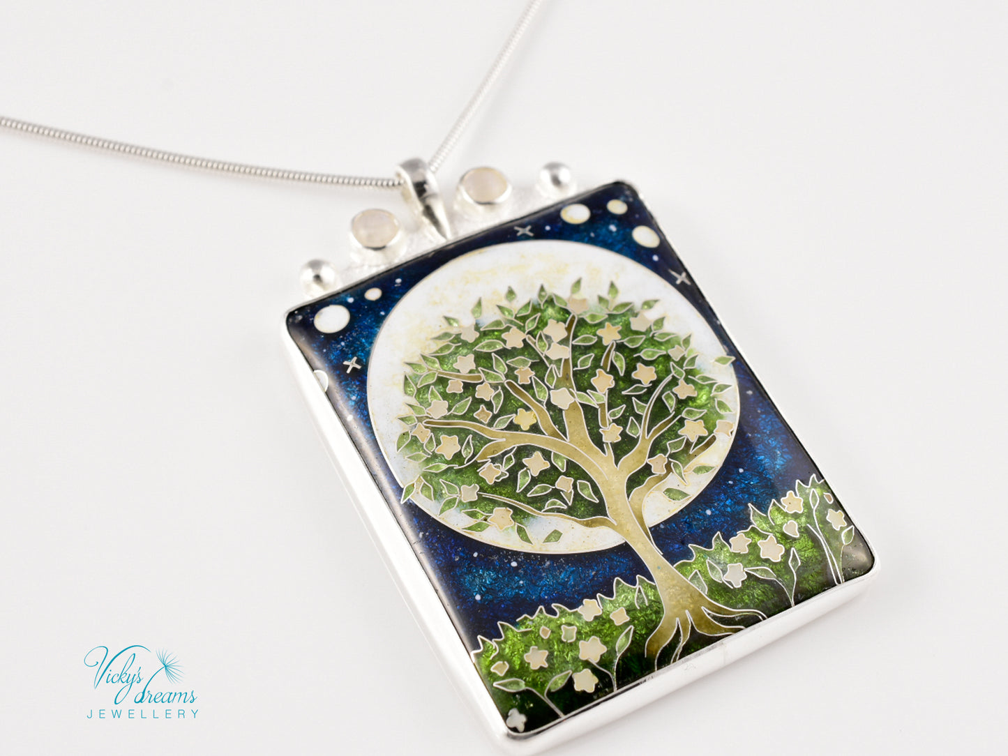 William Morris Inspired Virago Pendant necklace– Cloisonné Enamel, Polished Silver, Moon & Star Motif, Rainbow Moonstone, Handmade Jewelry