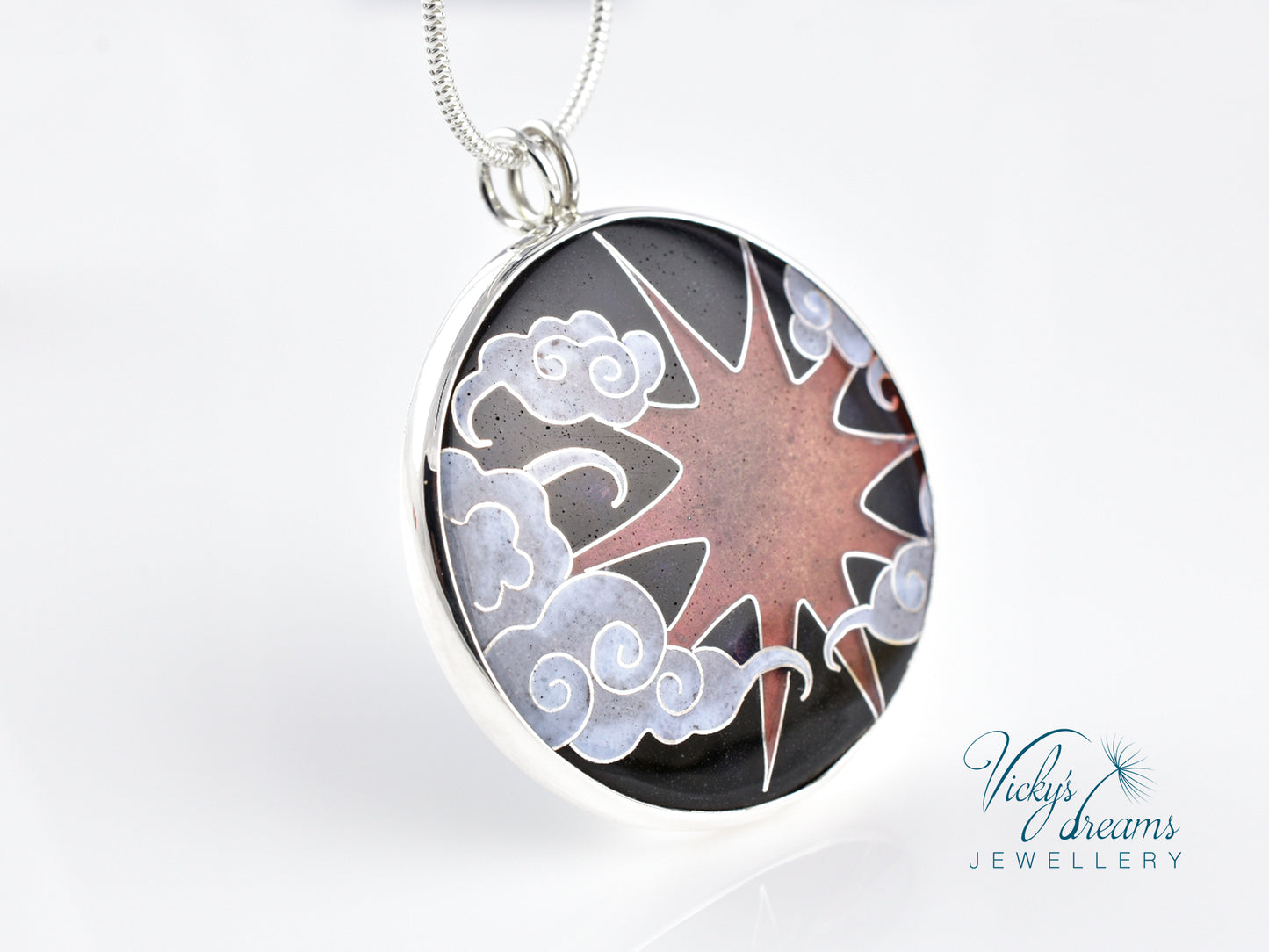 Copper Sun & Clouds, sterling silver necklace, cloisonne enameled jewelry