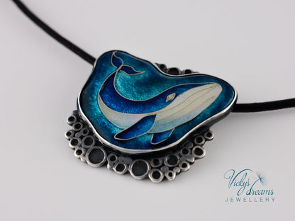 Whale in sea bubbles, sterling silver necklace, cloisonne enameled jewelry