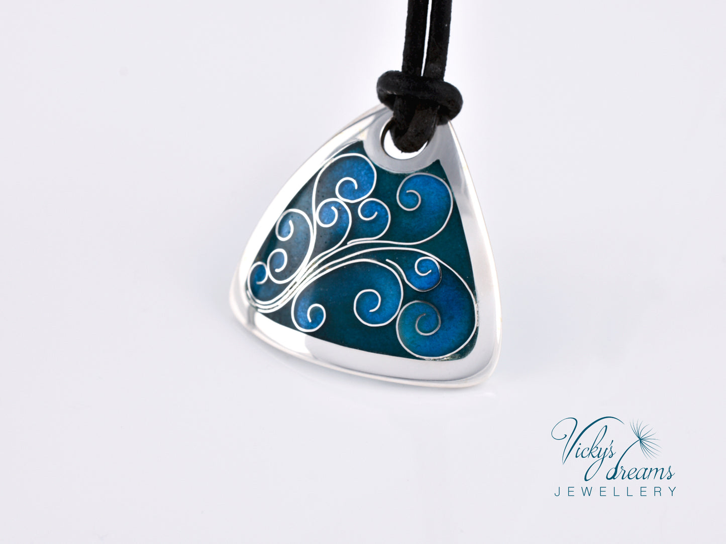 flower tendrills blue triangle, sterling silver pendant, cloisonne enameled jewelry