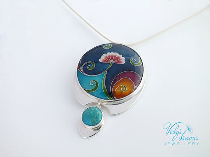 Vibrant color flower and tendrils with natural turquoise, sterling silver pendant, cloisonne enameled jewelry, handmade jewelry