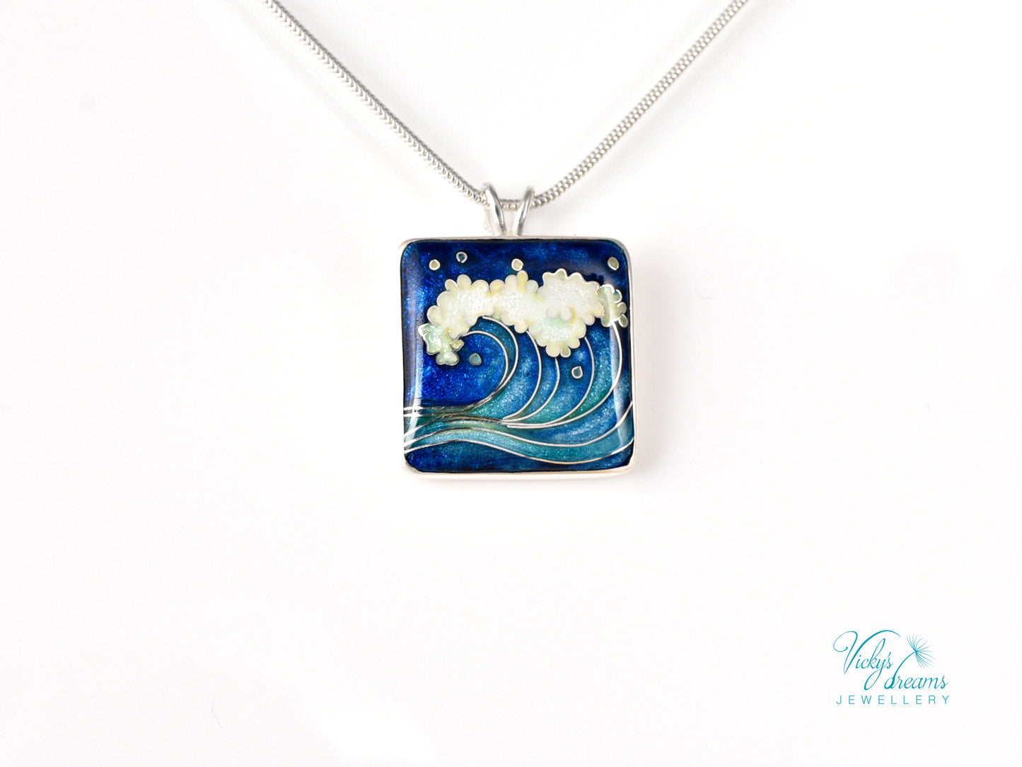 Voice of the Sea – Handcrafted Cloisonné Enamel Wave Pendant in Sterling Silver