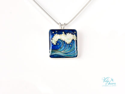 Voice of the Sea – Handcrafted Cloisonné Enamel Wave Pendant in Sterling Silver