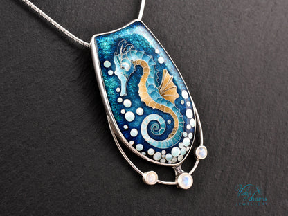 Seahorse Necklace – Cloisonné Enamel with Rainbow Moonstones