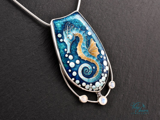 Seahorse Necklace – Cloisonné Enamel with Rainbow Moonstones