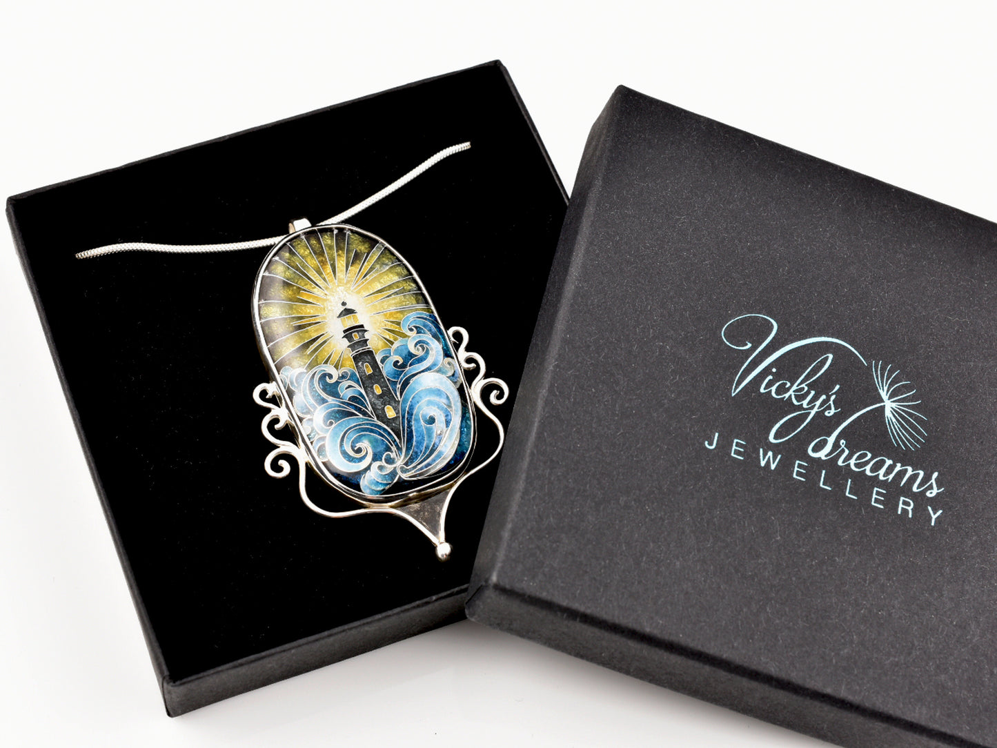 Handmade Cloisonné Enamel Pendant – Lighthouse in Ocean Waves – Symbolic Guiding Light Necklace