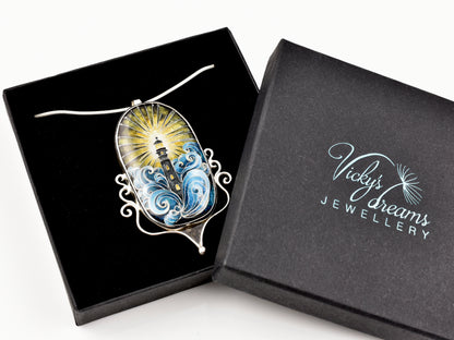 Handmade Cloisonné Enamel Pendant – Lighthouse in Ocean Waves – Symbolic Guiding Light Necklace