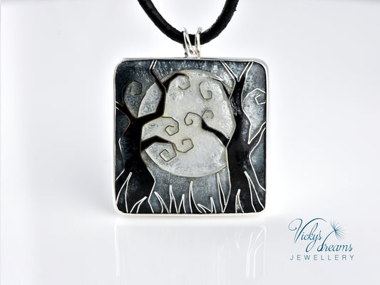 Forest at night - Cloisonné enamel, silver necklace