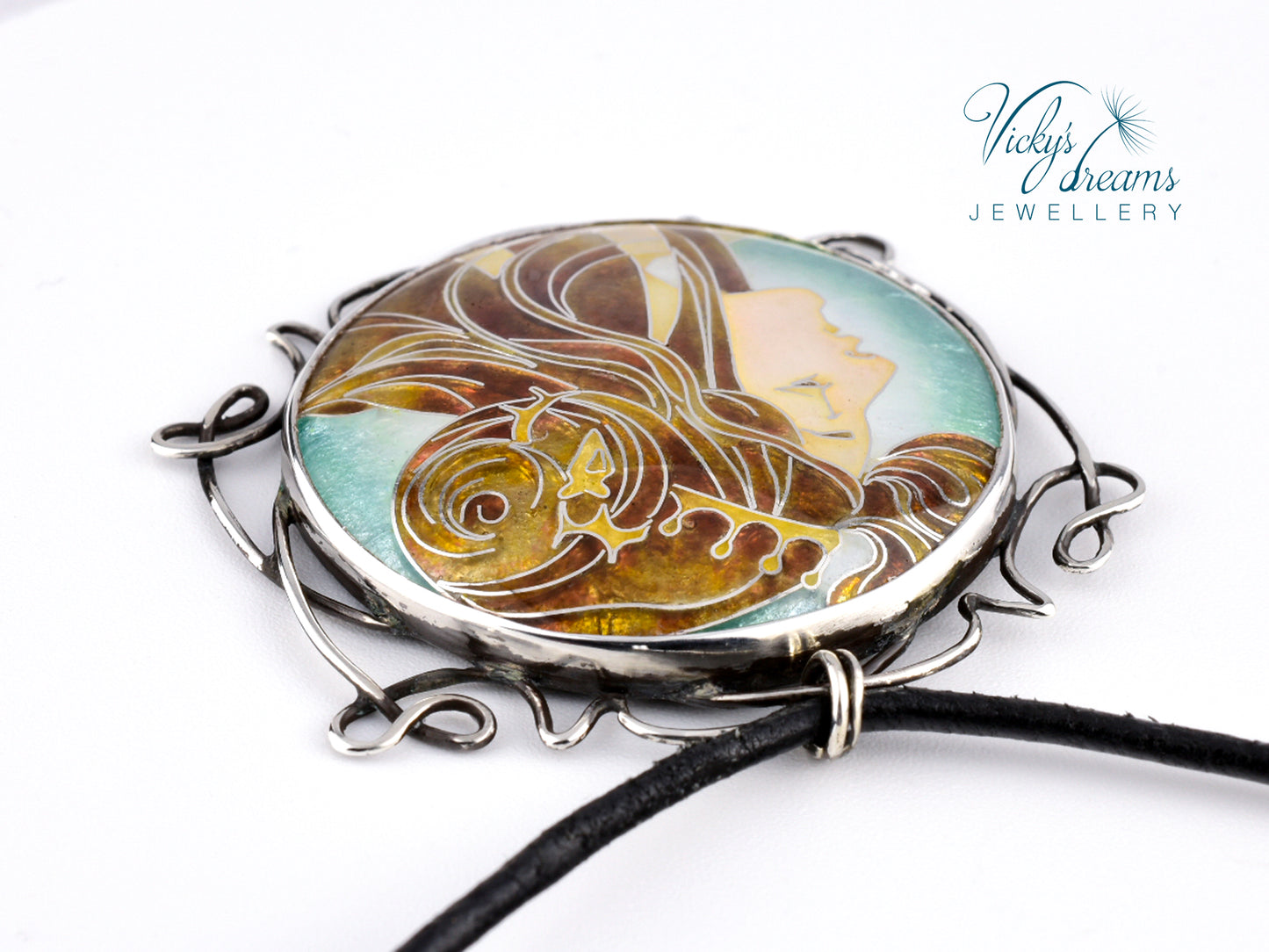 Inspired by Mucha - Cloisonné enamel, silver necklace