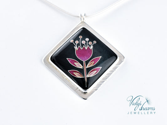 simple  little pink flower, sterling silver pendant, cloisonne enameled jewelry