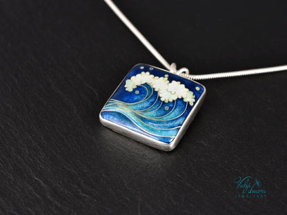 Voice of the Sea – Handcrafted Cloisonné Enamel Wave Pendant in Sterling Silver