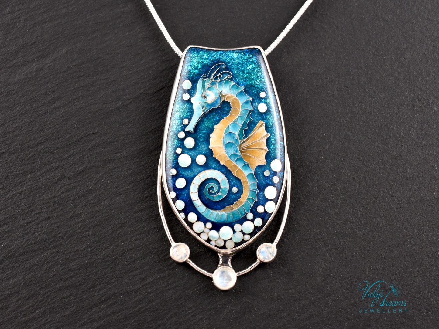 Seahorse Necklace – Cloisonné Enamel with Rainbow Moonstones