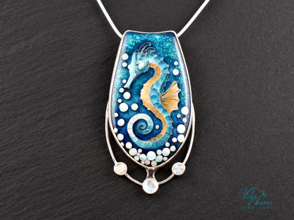 Seahorse Necklace – Cloisonné Enamel with Rainbow Moonstones