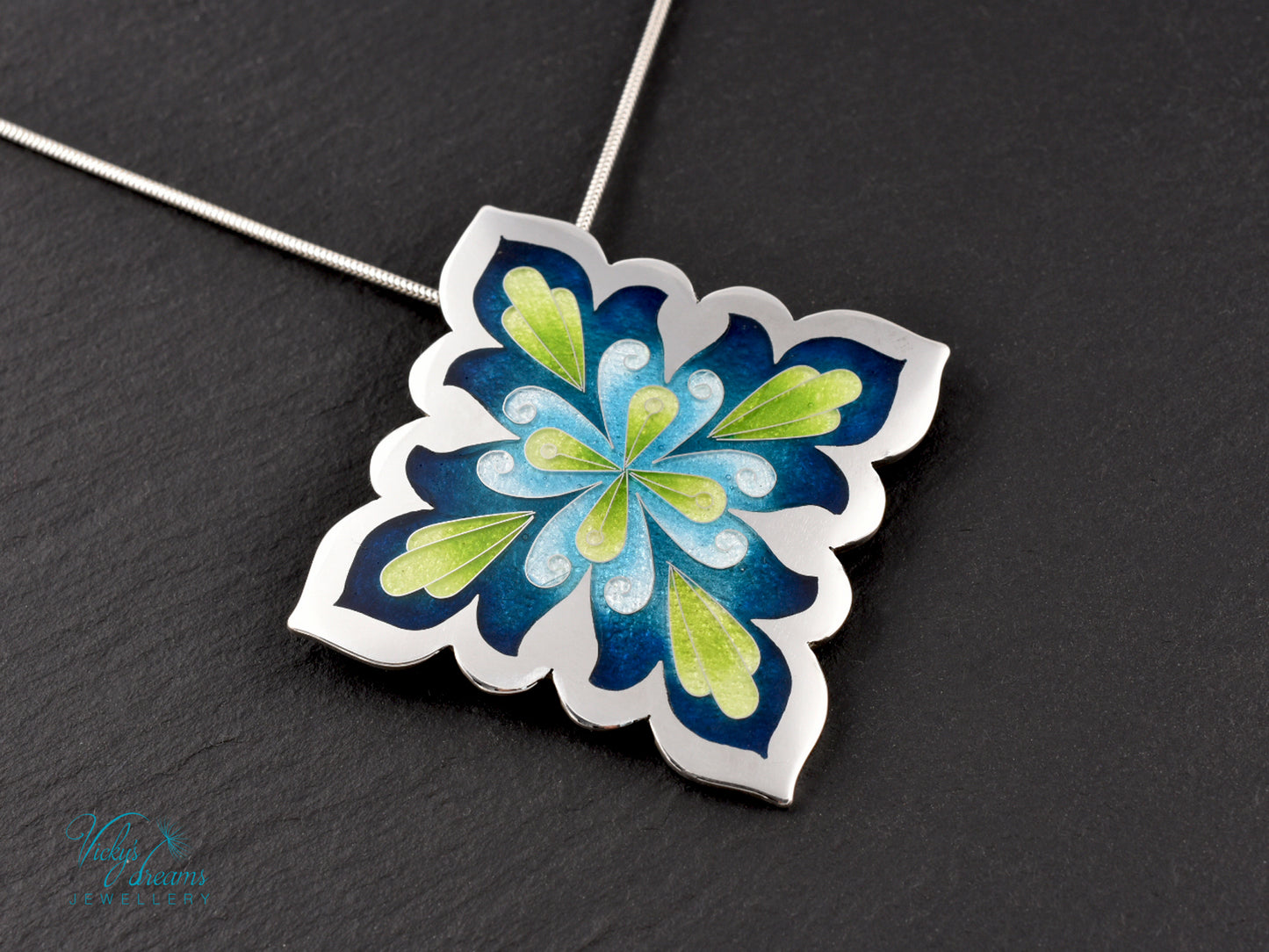 Vibrant Flower Mandala Necklace – Champlevé Enamel in Fine Silver