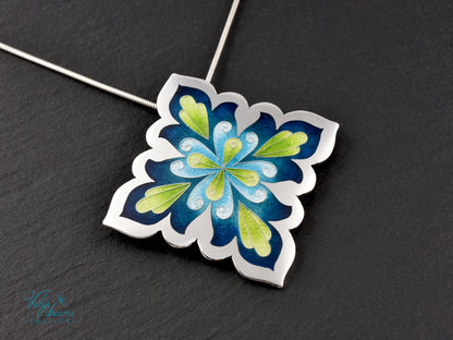 Vibrant Flower Mandala Necklace – Champlevé Enamel in Fine Silver