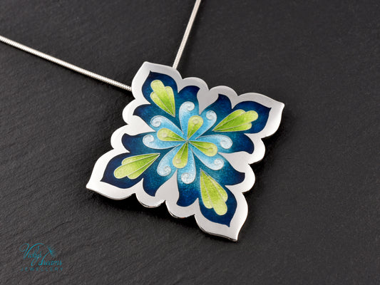 Vibrant Flower Mandala Necklace – Champlevé Enamel in Fine Silver