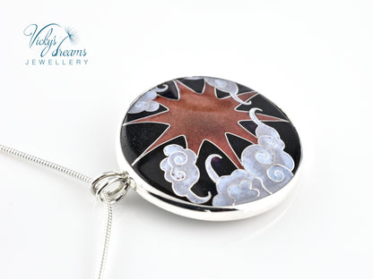 Copper Sun & Clouds, sterling silver necklace, cloisonne enameled jewelry