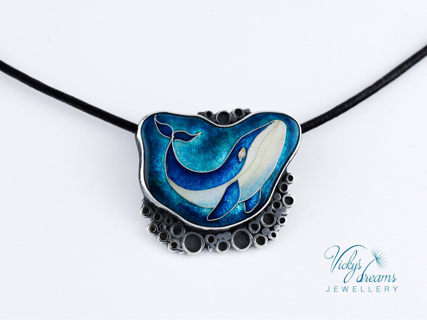 Whale in sea bubbles, sterling silver necklace, cloisonne enameled jewelry