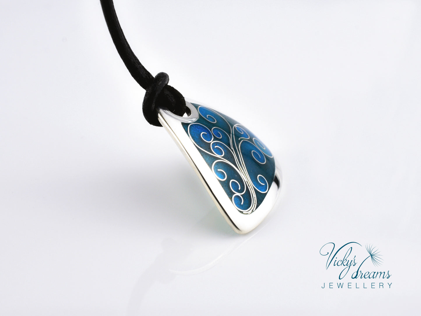 flower tendrills blue triangle, sterling silver pendant, cloisonne enameled jewelry