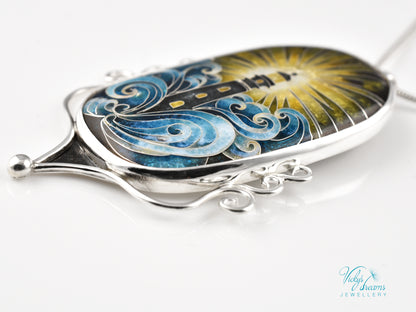 Handmade Cloisonné Enamel Pendant – Lighthouse in Ocean Waves – Symbolic Guiding Light Necklace